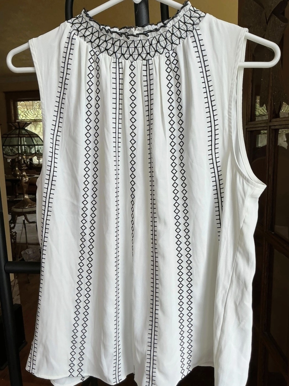 Echo White Sleeveless Smocked Neck Tank with Black Embroidery